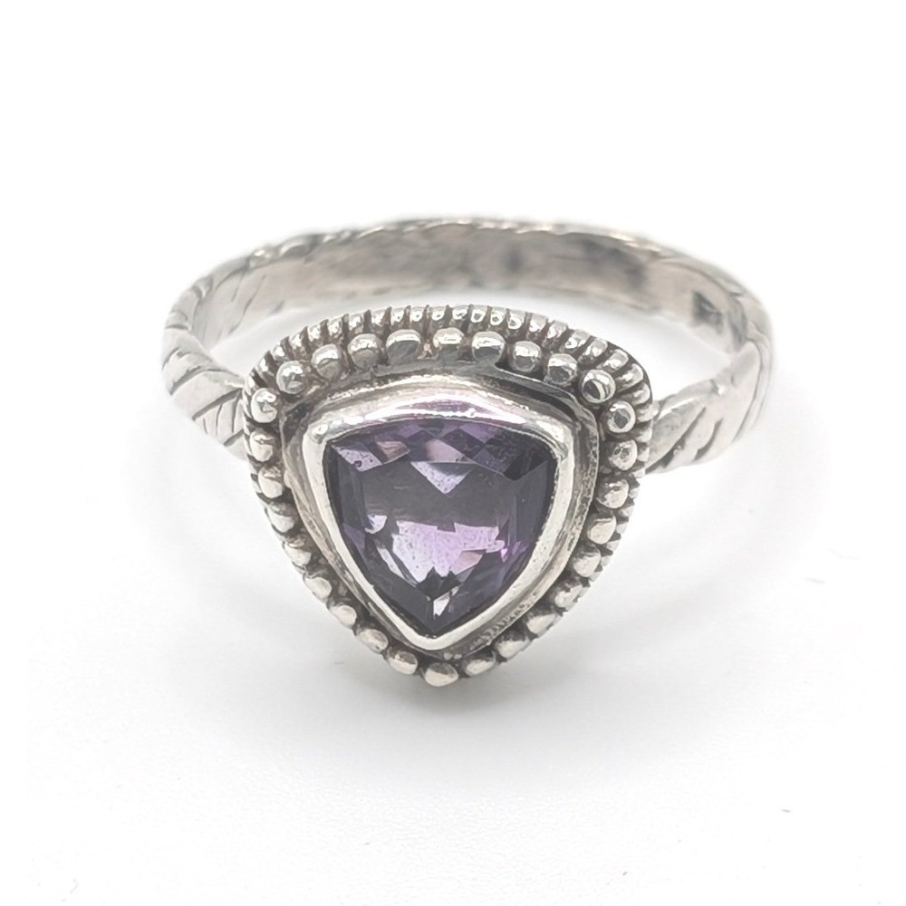 Sarda Bali Sterling Silver 925 Trillion Cut Amethyst Beaded Rope Band Ring Sz 8